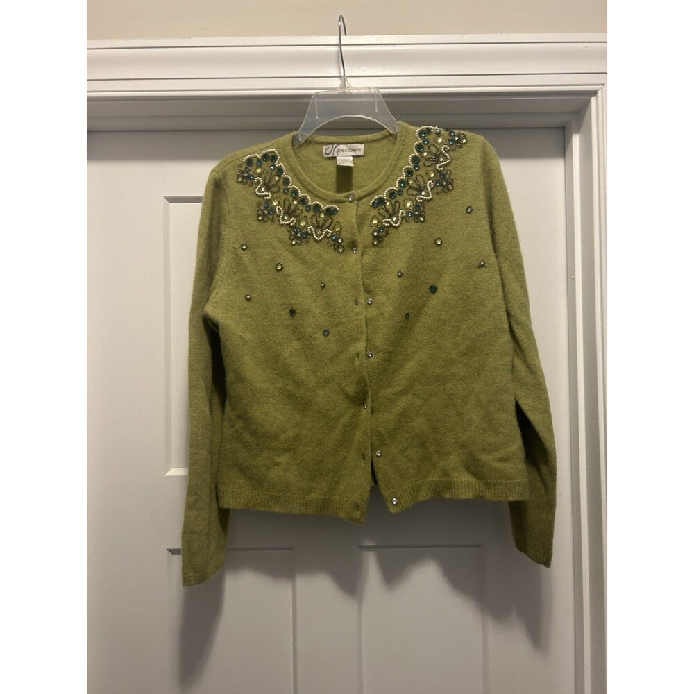 Dress Barn Women Green Jeweled Button Long Sleeve Cardigan  Wool Angora Large